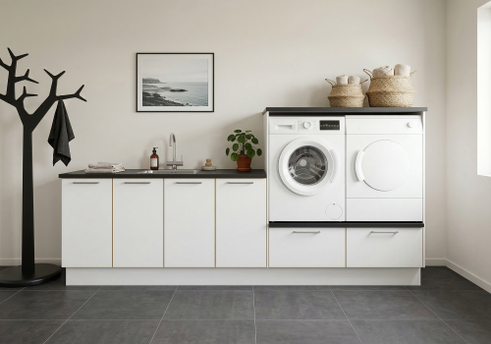 Multi-Living Bryggers sæt med White/Oak Line | Underskab m. skuffe, Vaskeskab, Gavle, Sokkelsæt - Bryggers sæt 1