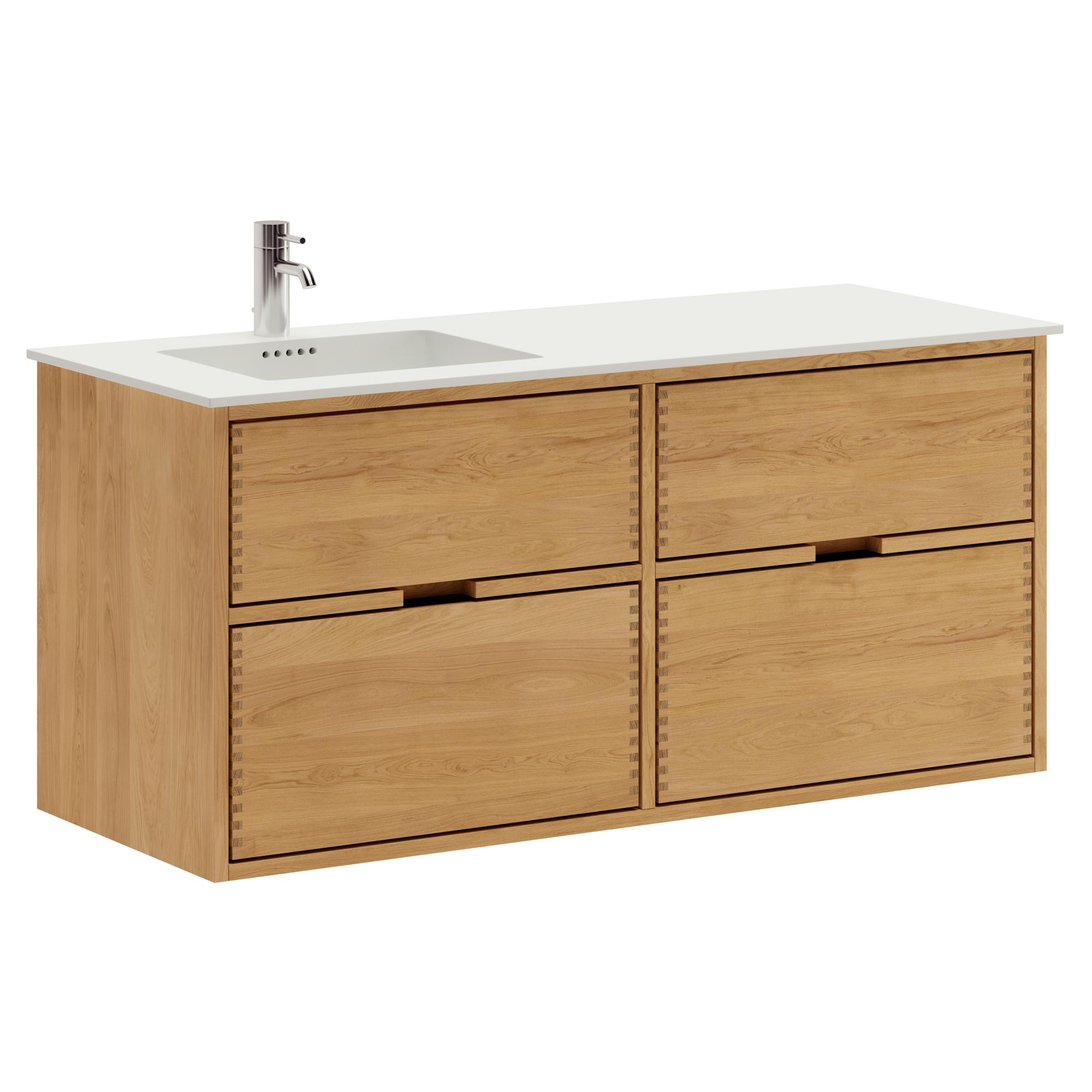 120 cm Just Wood Badezimmermöbel mit 4 Schubladen und Solid Surface-Waschbecken - Links