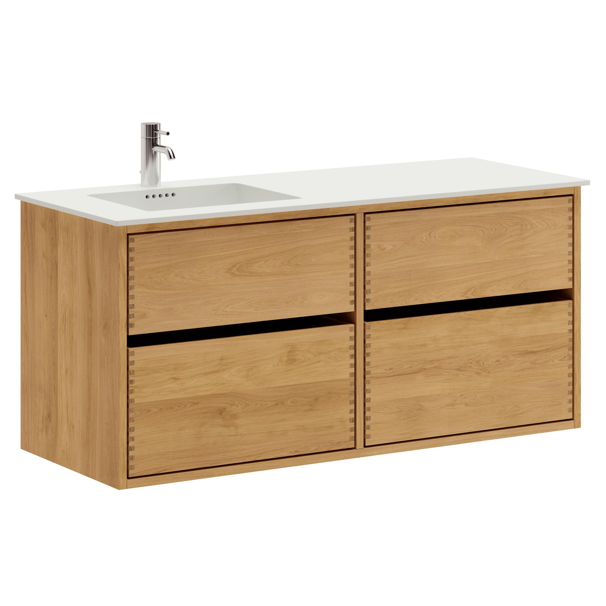 120 cm Just Wood Original Badezimmermöbel mit 4 Schubladen und Solid Surface-Waschbecken - Links
