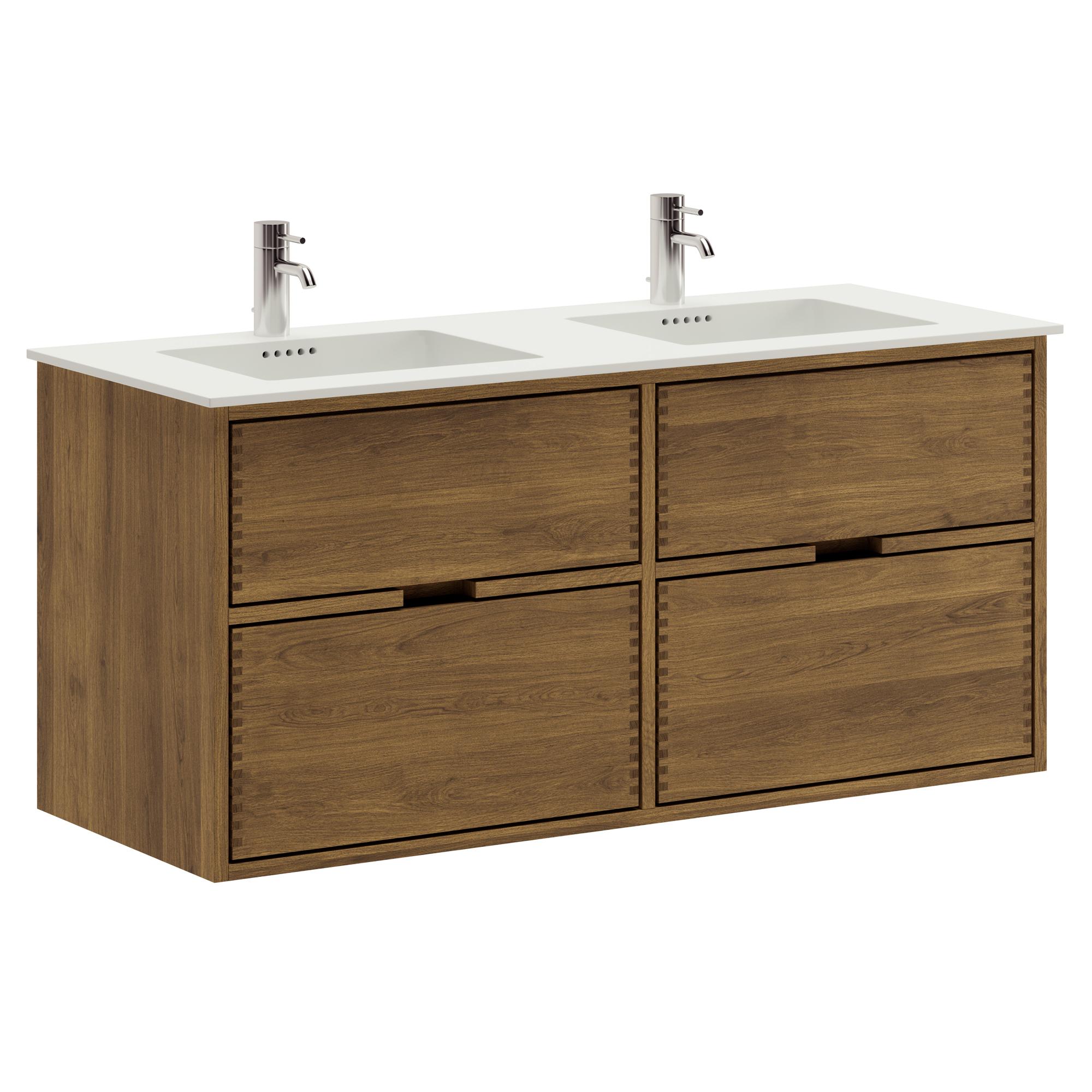 120 cm dunkel-geölter Just Wood Badezimmermöbel mit 4 Schubladen und Solid Surface-Waschbecken - Doppelwaschbecken