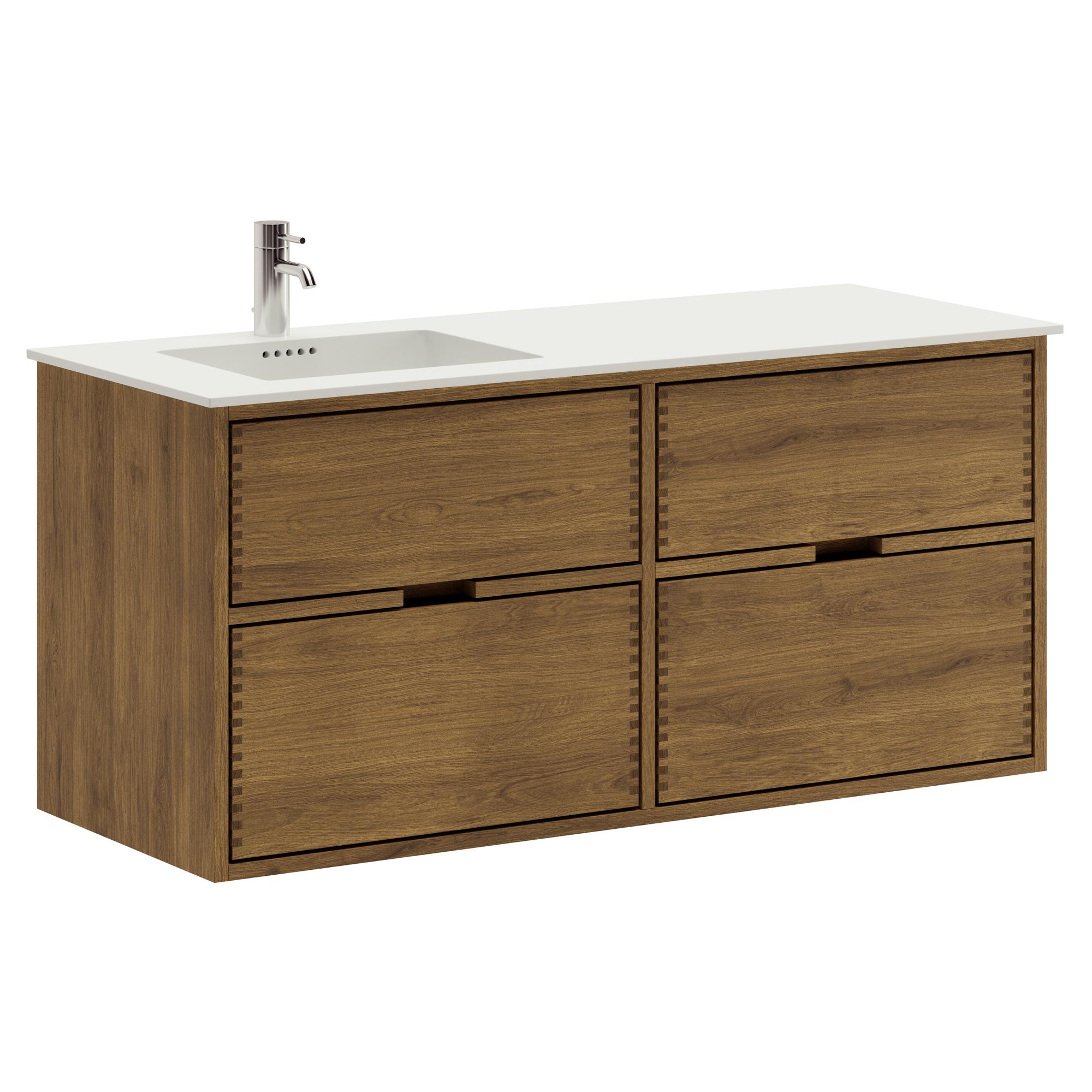120 cm dunkel-geölter Just Wood Badezimmermöbel mit 4 Schubladen und Solid Surface-Waschbecken - Links