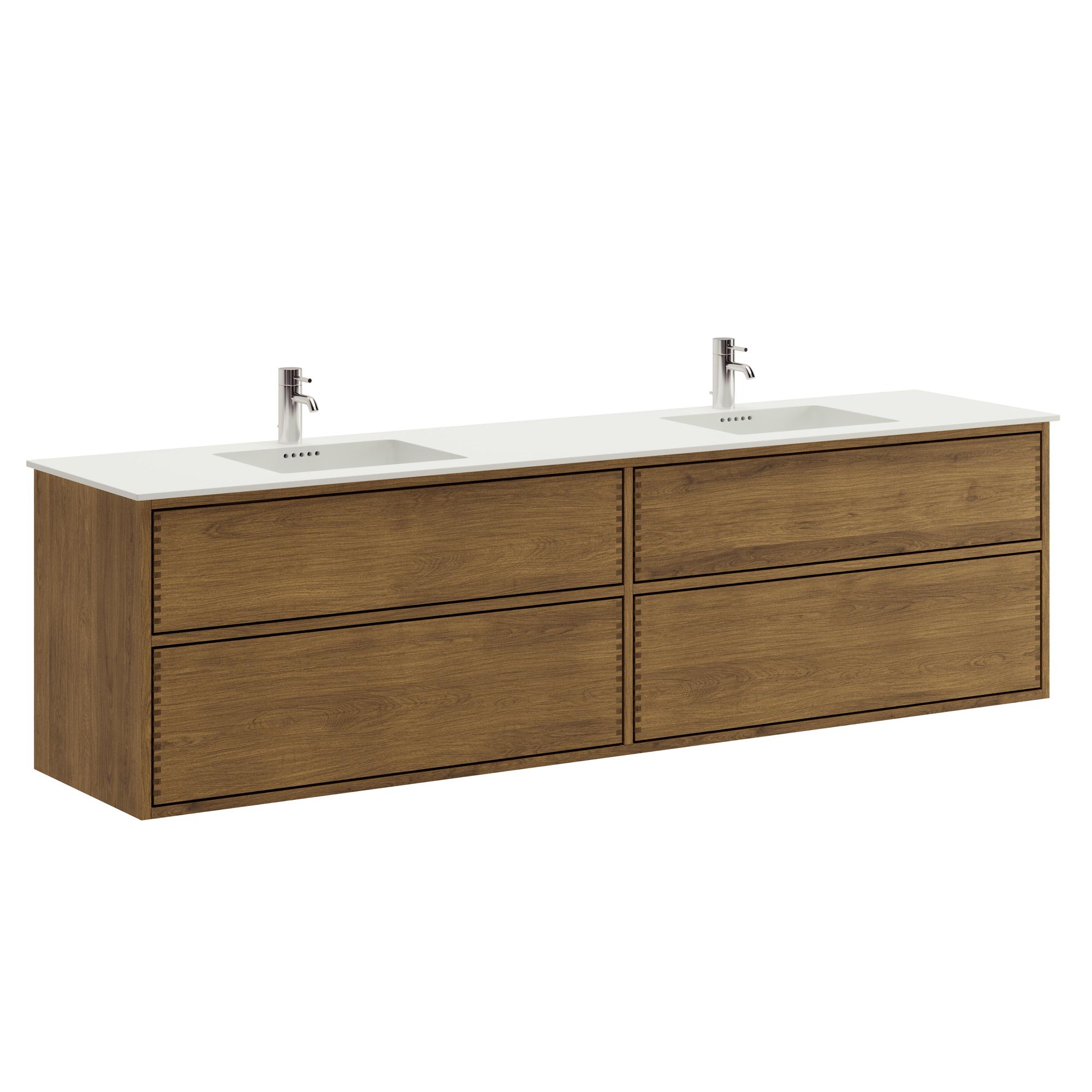 200 cm dunkel-geölter Just Wood Push Badezimmermöbel mit 4 Schubladen und Solid Surface-Waschbecken - Doppelwaschbecken