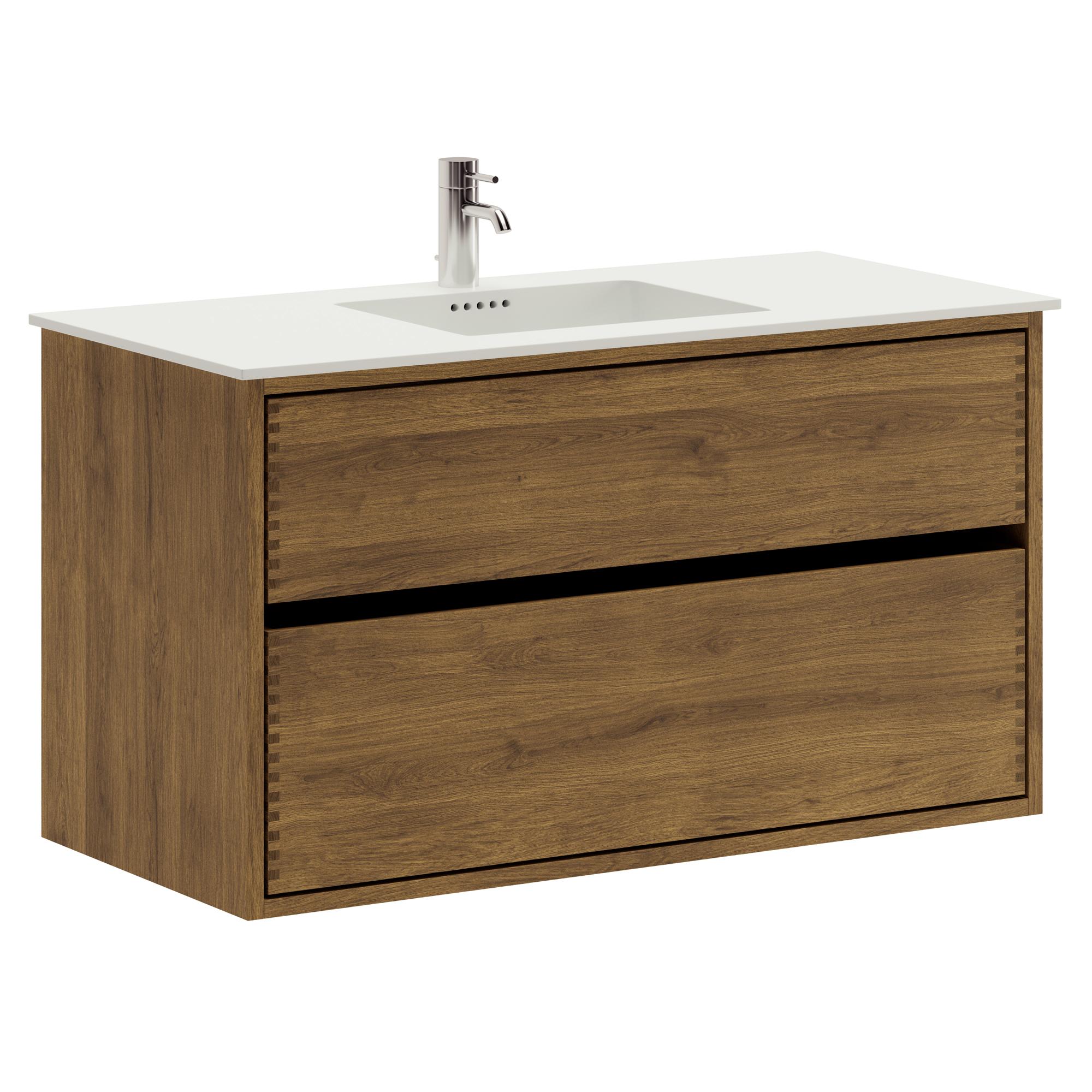 100 cm dunkel-geölter Just Wood Original-Badezimmermöbel mit 2 Schubladen und Solid Surface-Waschbecken