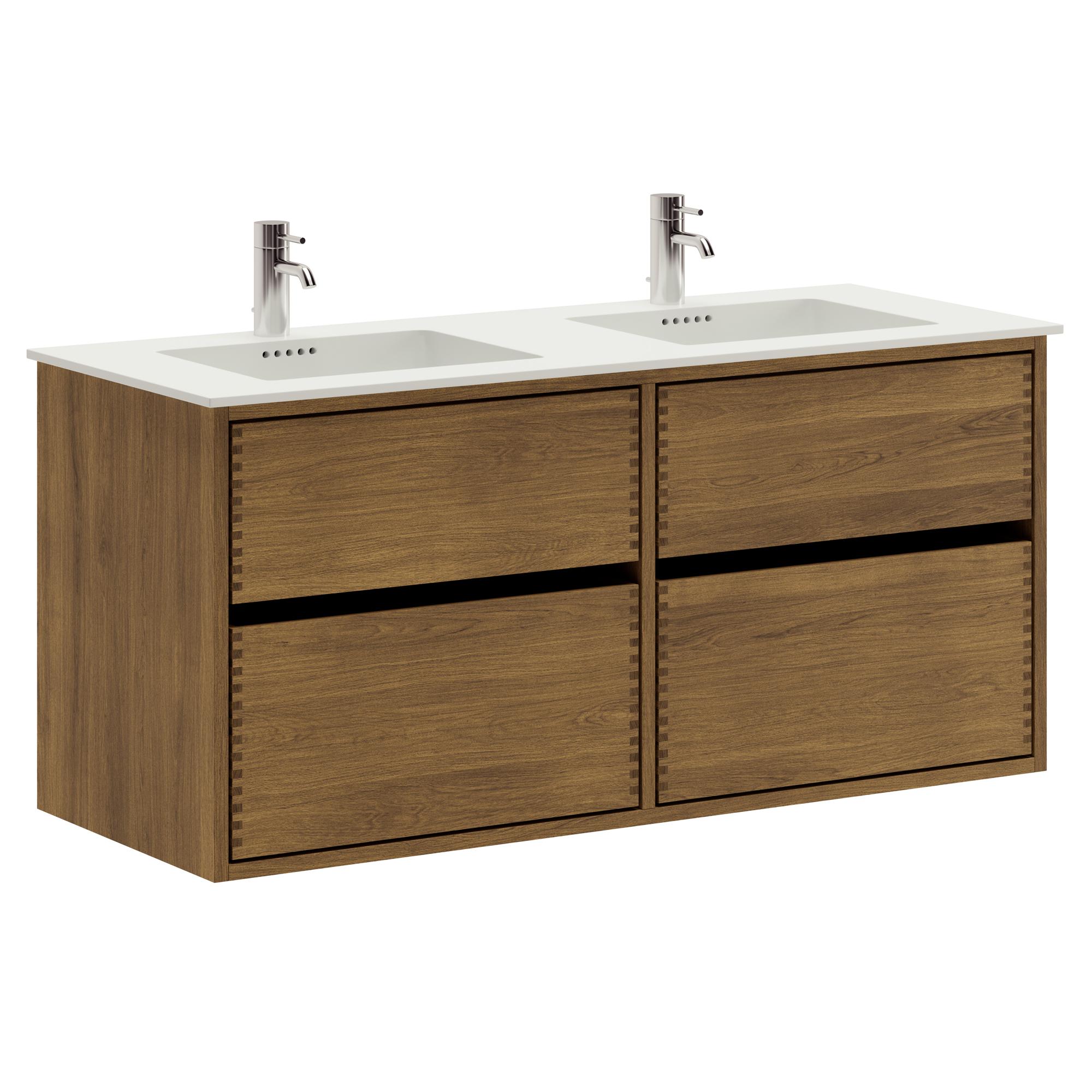 120 cm dunkel-geölter Just Wood Original-Badezimmermöbel mit 4 Schubladen und Solid Surface-Waschbecken - Doppelwaschbecken