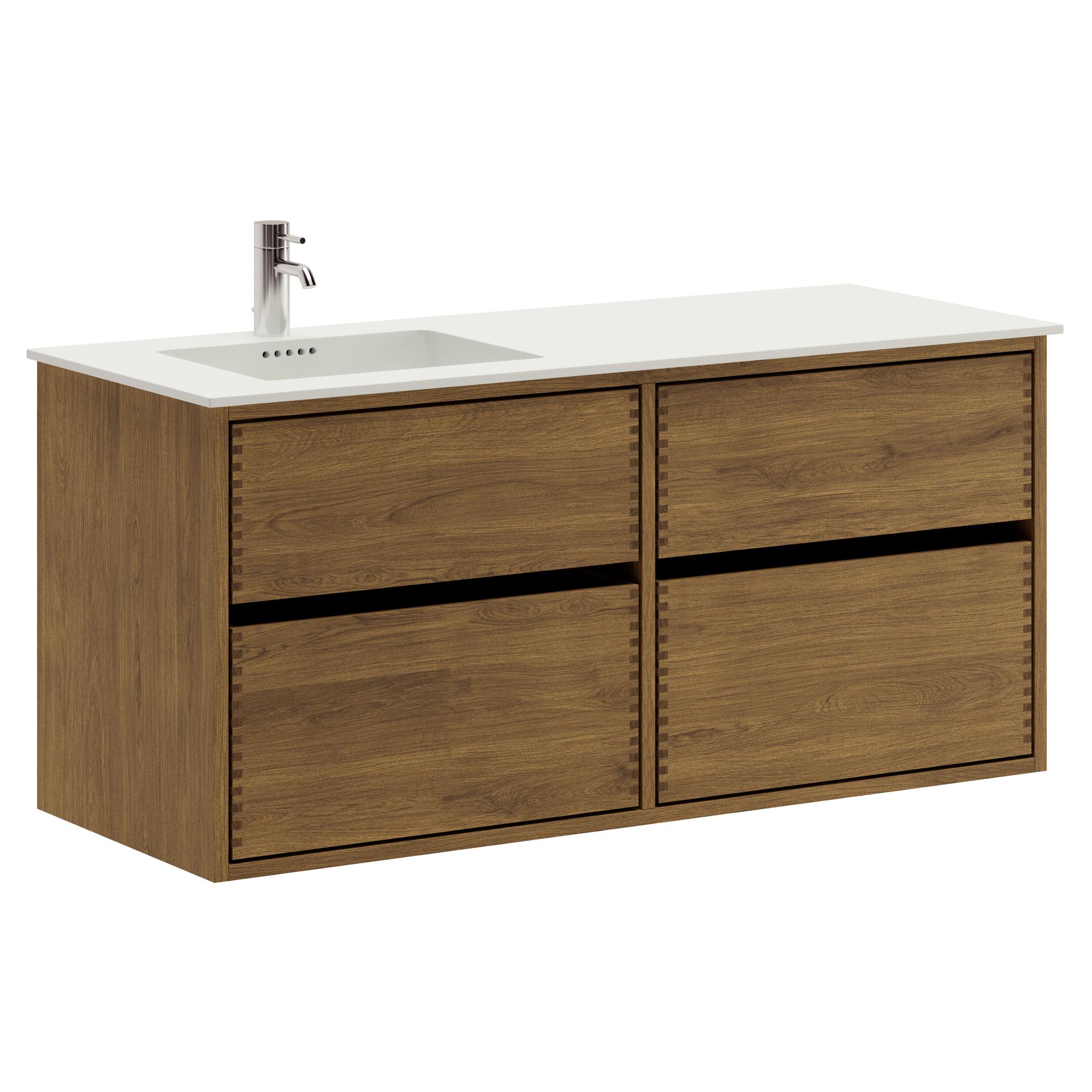 120 cm dunkel-geölter Just Wood Original-Badezimmermöbel mit 4 Schubladen und Solid Surface-Waschbecken - Links