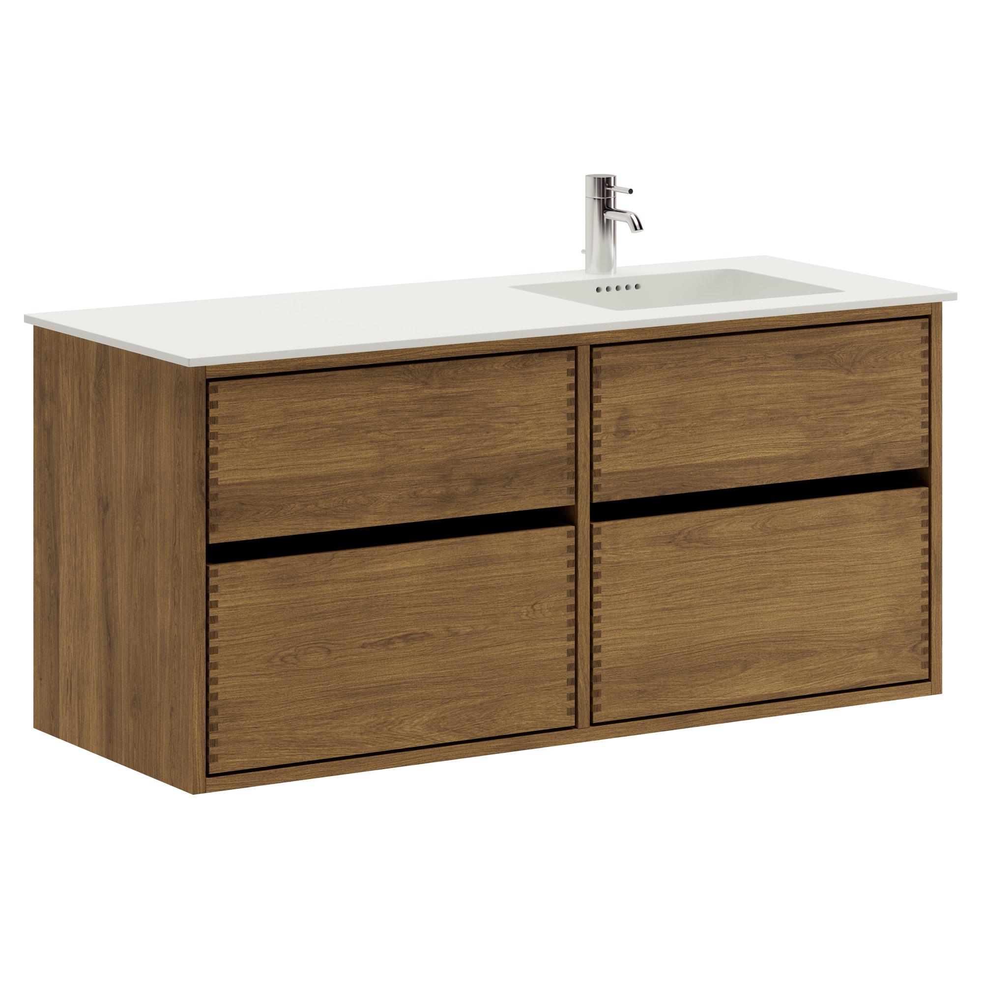 120 cm dunkel-geölter Just Wood Original-Badezimmermöbel mit 4 Schubladen und Solid Surface-Waschbecken - Rechts