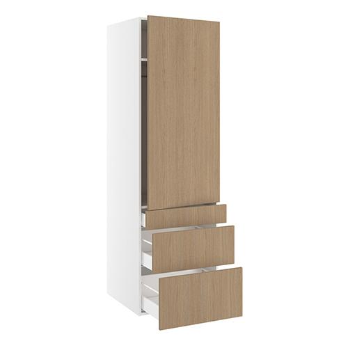 Garderobeskab, 1244mm låge, 3 skuffer H:124/252/316mm, 1 hylde, 1 konstruktionshylde, 1 bøjlestang. H:1952 B:500 D:580