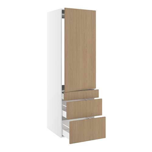 Højskab, t/integreret køl med glideskinner, 1244mm låge, m/hængselsboring, 3 skuffer H:124/252/316mm, hul: 1224mm. H:1952 B:600 D:580