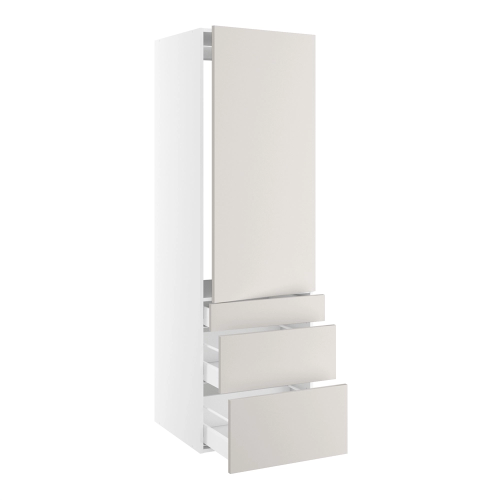 Højskab, t/integreret køl med fladhængsler, 1244mm låge, u/hængselsboring, 3 skuffer H:124/252/316mm, hul: 1224mm. H:1952 B:600 D:580