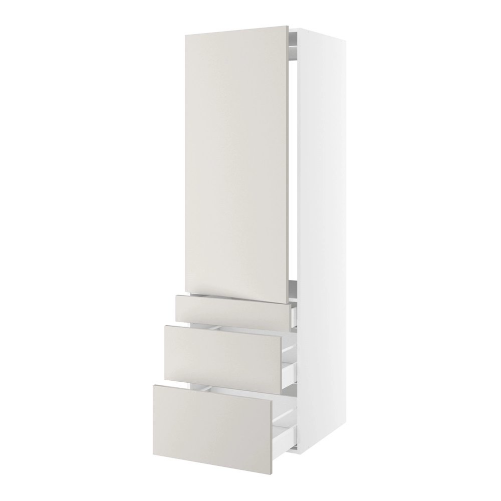 Højskab, t/integreret køl med fladhængsler, 1244mm låge, u/hængselsboring, 3 skuffer H:124/252/316mm, hul: 1224mm. H:1952 B:600 D:580