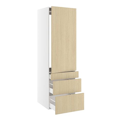 Højskab, t/integreret køl med fladhængsler, 1244mm låge, u/hængselsboring, 3 skuffer H:124/252/316mm, hul: 1224mm. H:1952 B:600 D:580