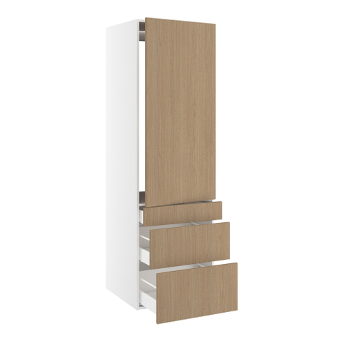 Højskab, t/integreret køl med fladhængsler, 1244mm låge, u/hængselsboring, 3 skuffer H:124/252/316mm, hul: 1224mm. H:1952 B:600 D:580