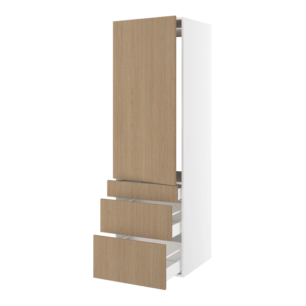 Højskab, t/integreret køl med fladhængsler, 1244mm låge, u/hængselsboring, 3 skuffer H:124/252/316mm, hul: 1224mm. H:1952 B:600 D:580