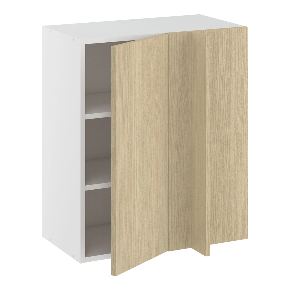 Hjørneindstiksoverskab, 296mm låge, blændplade 340mm, 2 hylder (min. 640mm fra væg). H:704 B:600 D:320