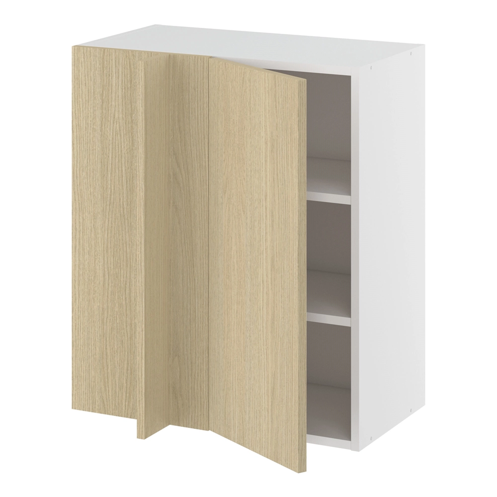 Hjørneindstiksoverskab, 296mm låge, blændplade 340mm, 2 hylder (min. 640mm fra væg). H:704 B:600 D:320