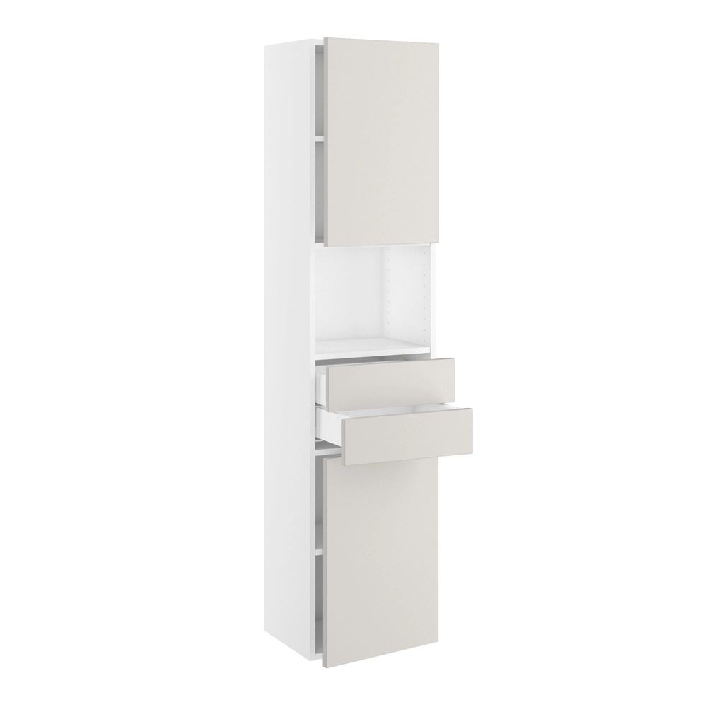 Badhøjskab, Slimline, 2 låger 572mm, 2 skuffer H:124mm, 3 hylder. H:1728 B:300 D:320