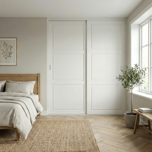 Mogensen Contoura Almue Folie skydelåger på mål til garderobe med 2 låger og softclose - Total bredde 100 til 130 cm.