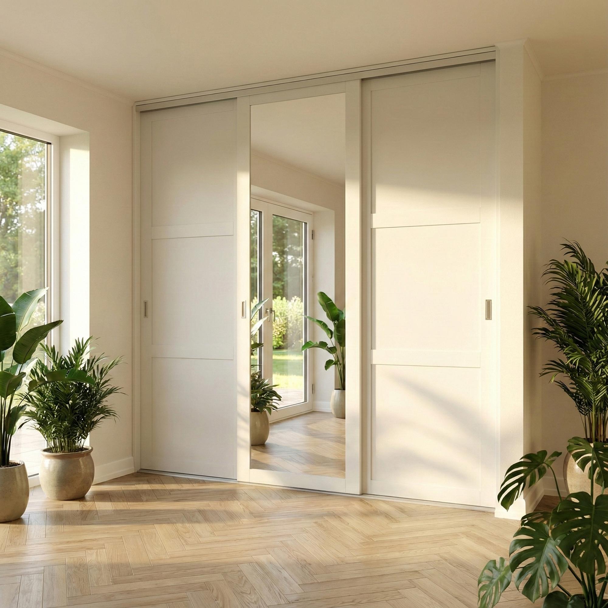 Mogensen Contoura Almue Folie skyvedører i mål for garderobe med 3 dører - Total bredde 232 til 291 cm.