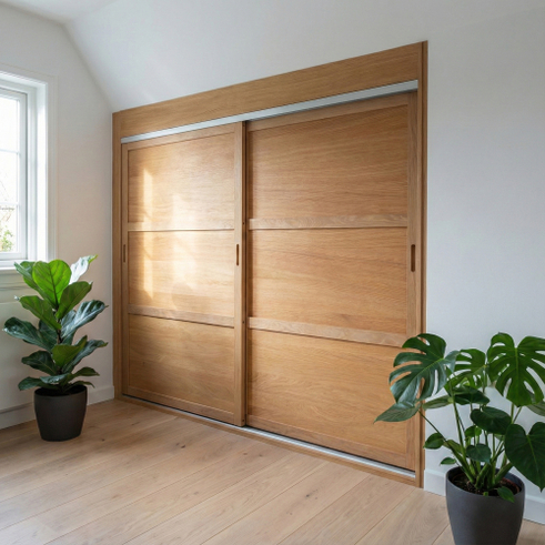 Mogensen Contoura Massiv Eg skydelåger på mål til garderobe med 2 låger og softclose - Total bredde 100 til 130 cm.