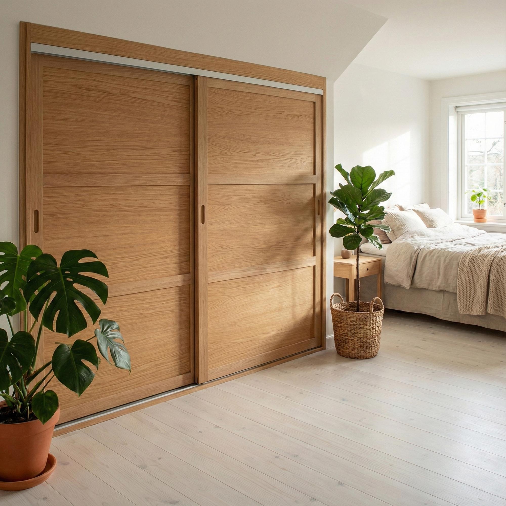 Mogensen Contoura Solid Oak skyvedører til på mål for garderobe med 2 dører - Total bredde 131 til 155 cm.