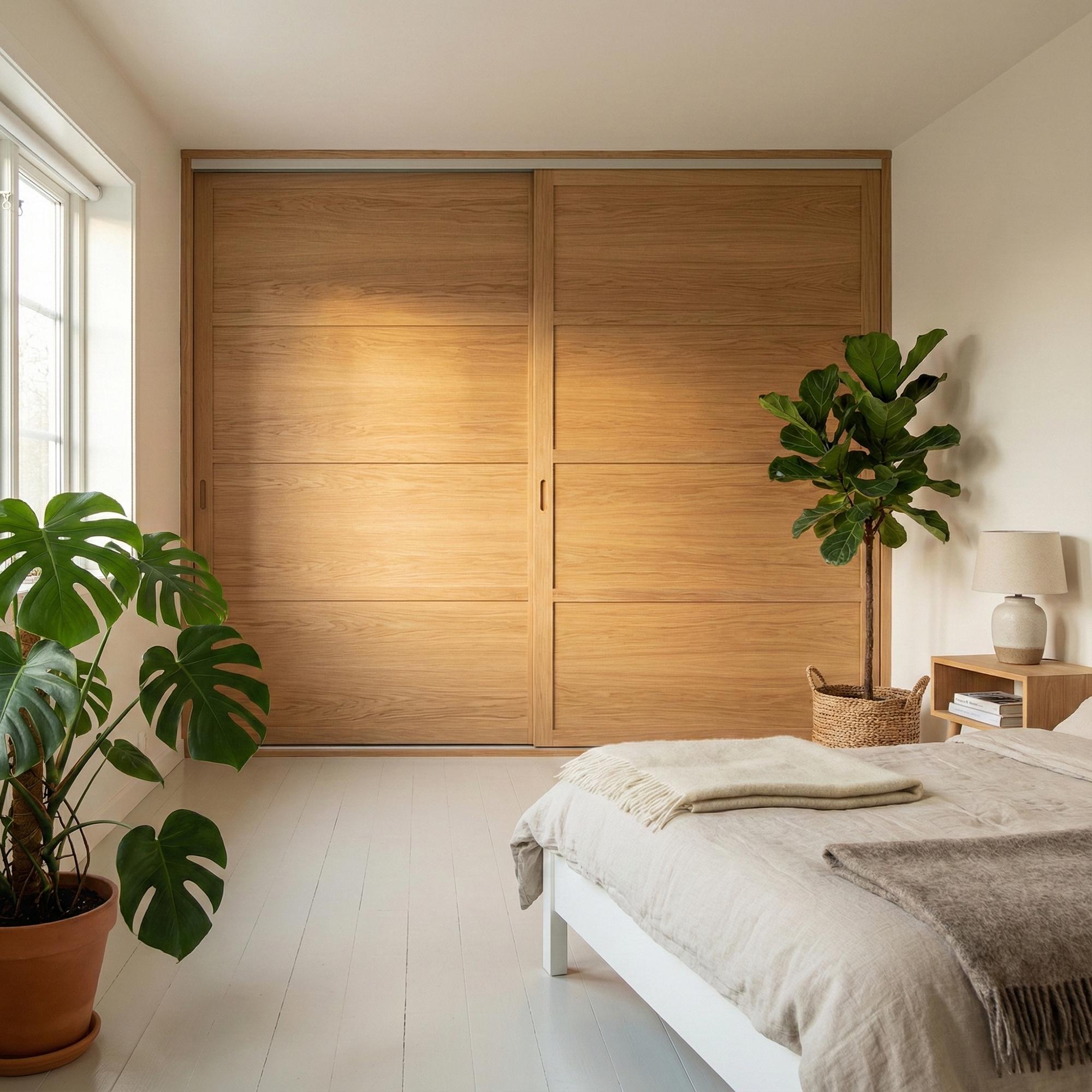 Mogensen Contoura Solid Oak skyvedører til på mål til garderobe med 2 dører - Total bredde 156 til 195 cm.