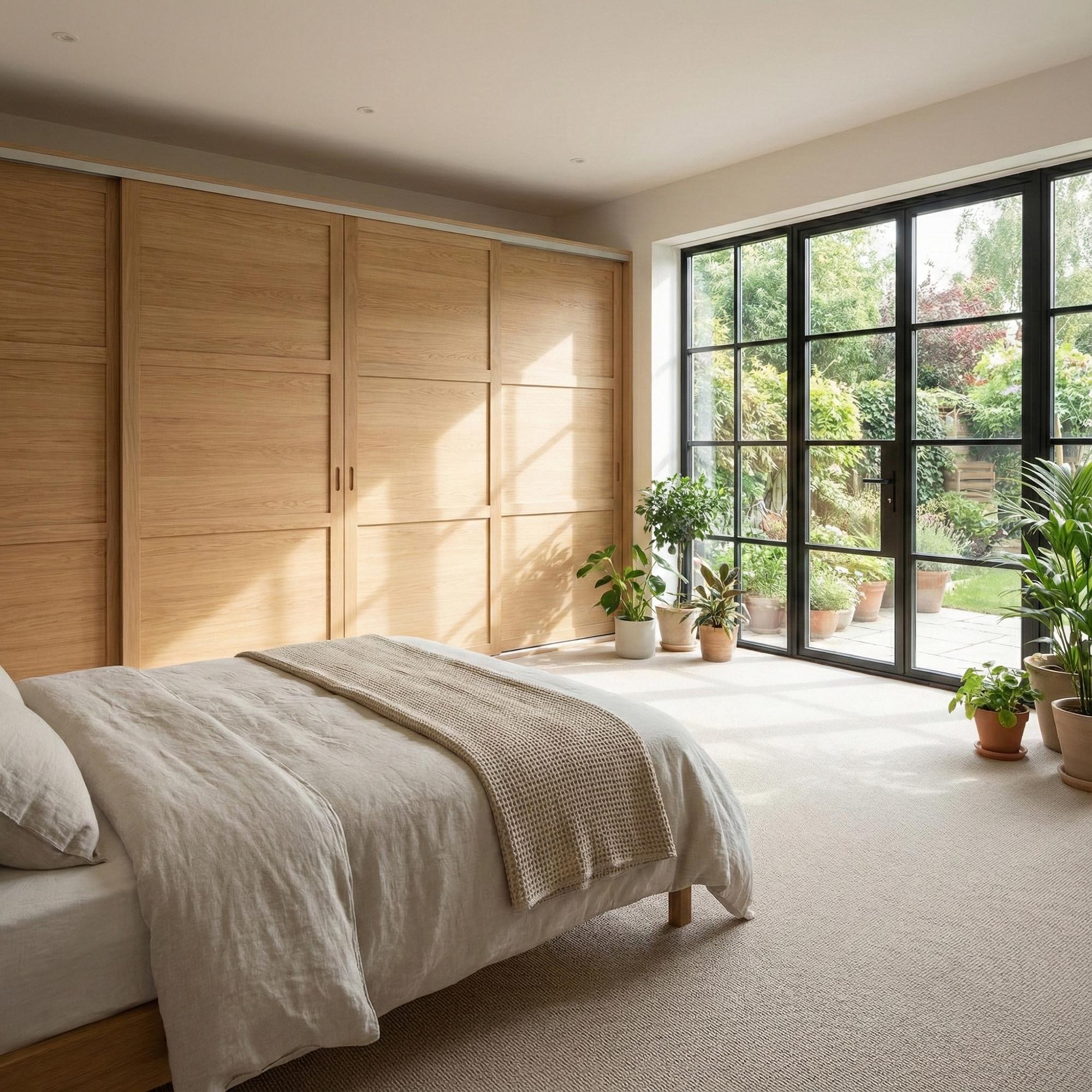 Mogensen Contoura Solid Oak skyvedører for å på mål til garderobe med 4 dører - Total bredde 200 til 255 cm.