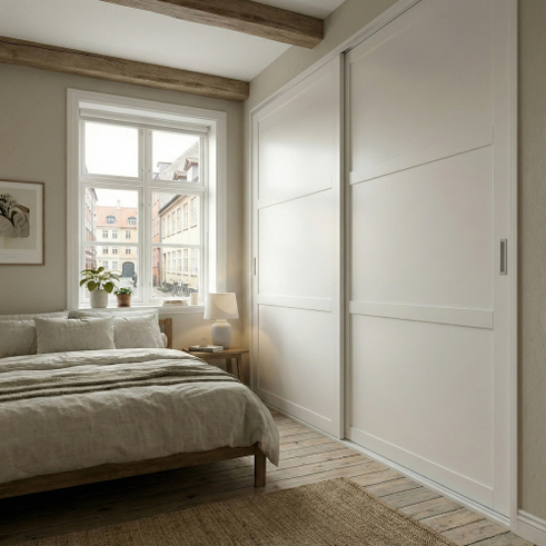 Mogensen Contoura Rammedør skydelåger på mål til garderobe med 2 låger og softclose - Total bredde 126 til 151 cm.