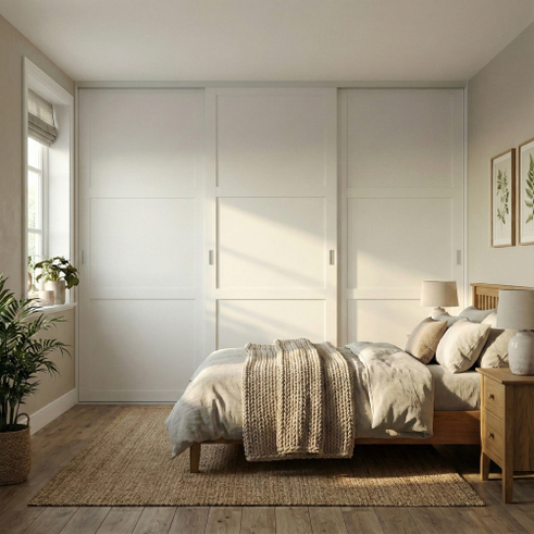 Mogensen Contoura Rammedør skydelåger på mål til garderobe med 3 låger og softclose - Total bredde 134 til 184 cm.