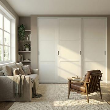 Mogensen Contoura Rammedør skydelåger på mål til garderobe med 3 låger og softclose - Total bredde 185 til 223 cm.