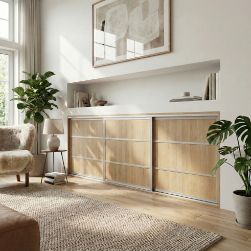 Mogensen Fashionline skydelåger på mål til garderobe med 3 låger - Total bredde 232 til 291 cm.